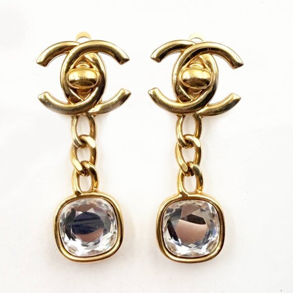 Chanel Vintage Gold Plated CC Turnlock Square Crystal Clip on Earrings - Picture 1 of 5